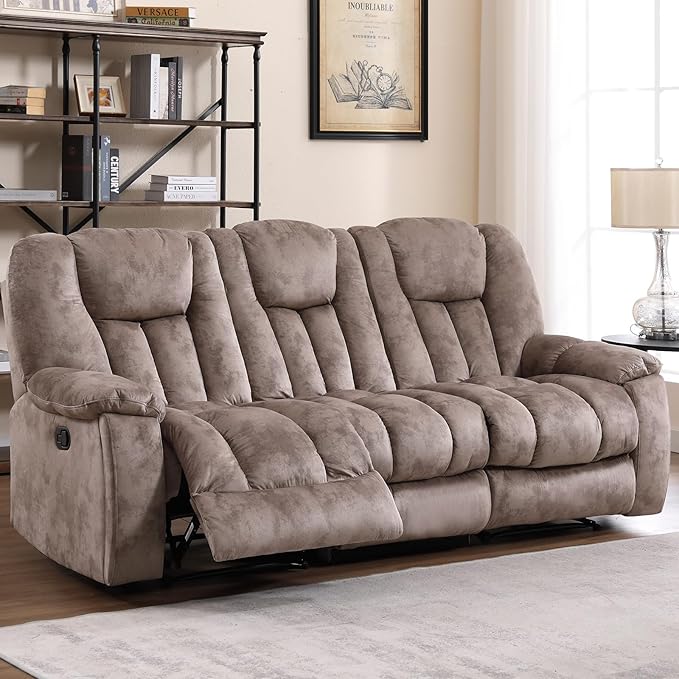 EBELLO Reclining Sofa for Living Room Extra Wide Modern Overstuffed 3 Seat Recliner Manual Sofa Chair with Hidden Armrest Cup Holders Breathable Soft Fabric and Padded Seat Light Brown