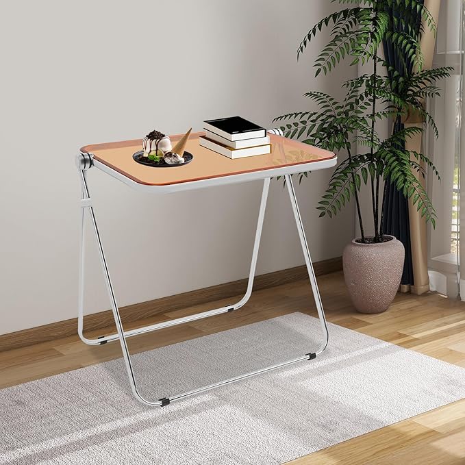 Folding Table Clear Foldable Side Table &amp Tiny Desk for Home Office - No Assembly Required Small Computer Desk with Sturdy Metal Frame for Living Room Bedroom Small Spaces