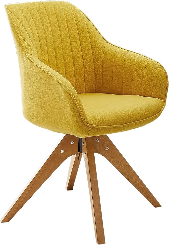 Art Leon Dining Chair Mid Century Modern Fabric Upholstered Swivel Dining Room Chair with Wood Legs Leisure Side Chair with Arms for Living Room Yellow