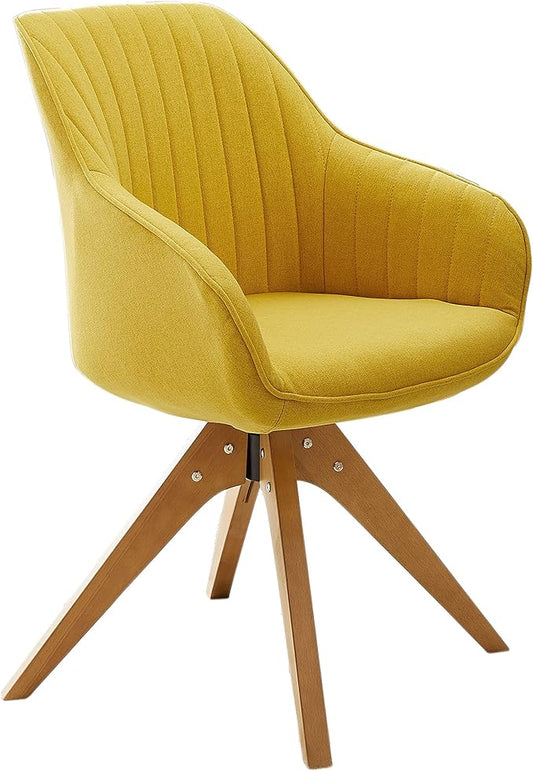 Art Leon Dining Chair Mid Century Modern Fabric Upholstered Swivel Dining Room Chair with Wood Legs Leisure Side Chair with Arms for Living Room Yellow