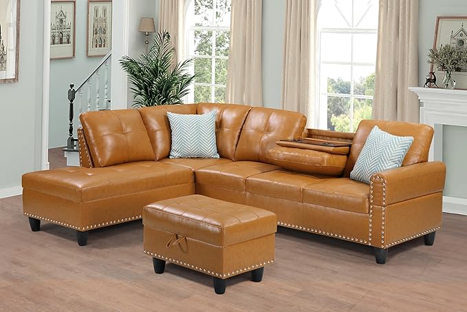 Wakefit Sectional Sofa Couch Modern 4-Seaters Living Room Furniture Sets with Chaise Lounge Ottoman &amp 2 Pillows | L Shape Couch | Cup Holder | Faux PU Leather Ginger