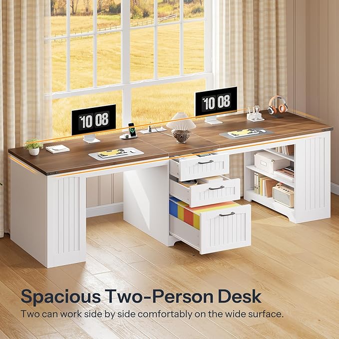 HOOBRO 94.5 Computer Desk with Power Outlet 2 Person Office Desk with Drawers Farmhouse Double Desk for Home Office A4/Letter Size Adjustable Shelves White and Walnut WH240UDN01