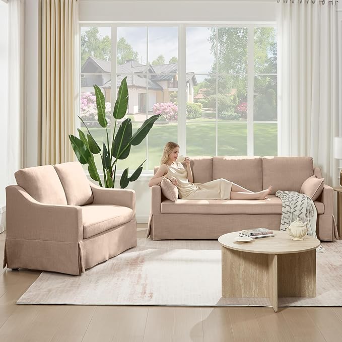 Tbfit Slipcovered Sofa Small Sofas with Removable Cover Pocket Spring Cushion Mini Couches Living Room Furniture for Home Apartment Farmhouse Loveseat &amp Standard Sofa