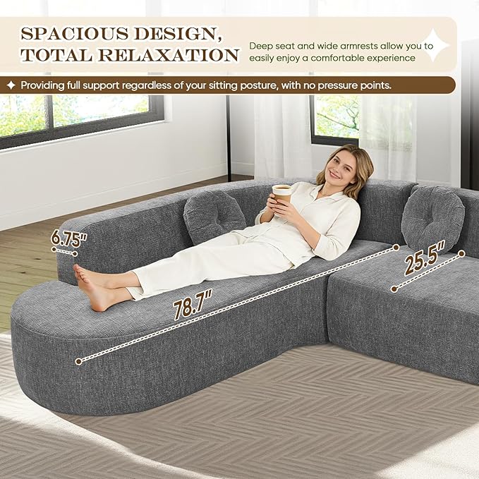 Curved Modular Sectional Sofa - 122 Extra Large 5-Seater with High Resilience Foam &amp Soft Chenille Upholstery 2-Piece Floor Couch with Round Cushions No Assembly Gray Living Room Furniture Sets