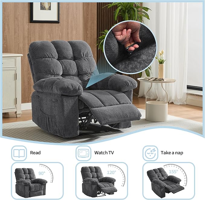 Manual Recliner ChairErgonomic Overstuffed Breathable Fabric Reclining Chair with Side Pocketsq235 Steel Frame Lazy Boy Recliner Single Sofa for Living Room Bedroom