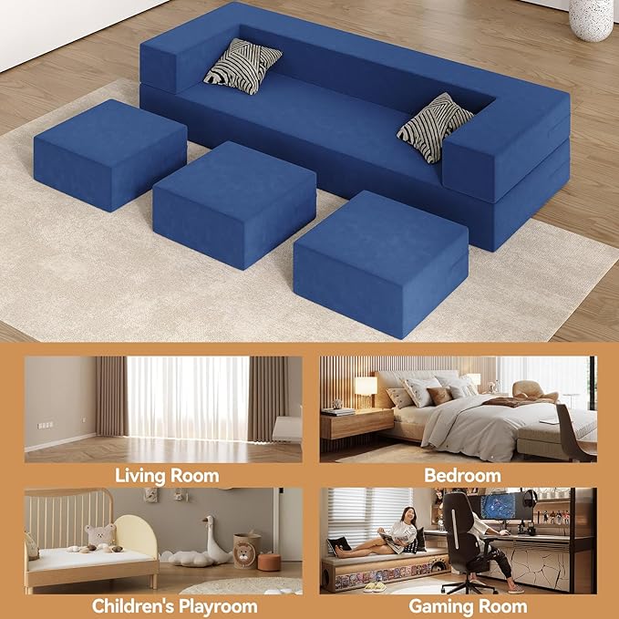 80'' Folding Sofa Bed Velvet Floor Couch Bed with 3Ottomans&amp Washable Cover Memory Foam Couch Fold Out Futon Sleeper for Guest/Living Room/Playroom Queen Blue