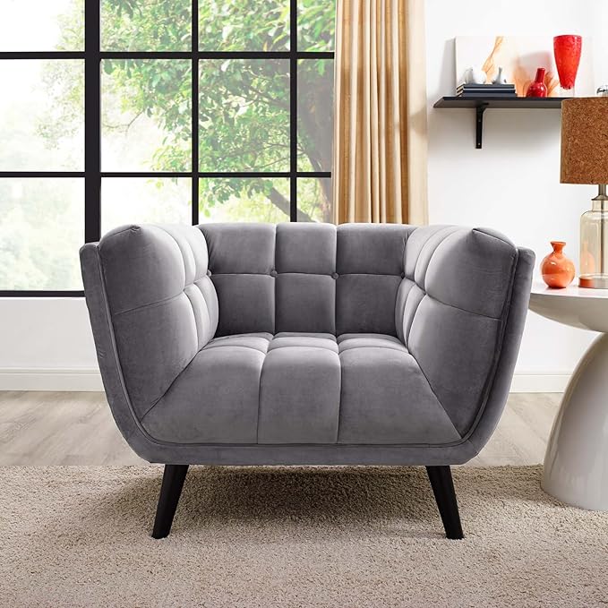 Modway Bestow Mid-Century Performance Velvet Upholstered Tufted Accent Lounge Chair in Gray