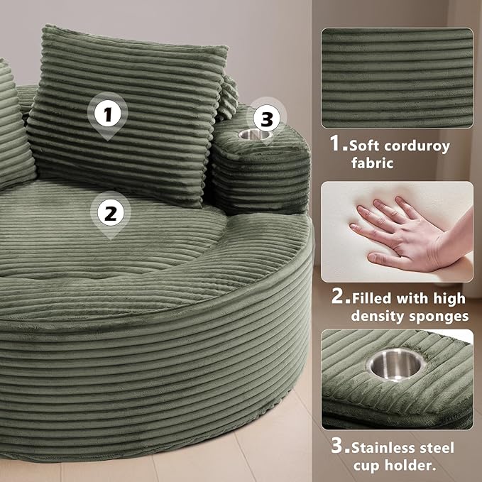 55 Green Oversized Round Boneless Couch Sofa Velvet Memory Foam Cloud Couches Lounge Chair Comfy Fluffy Single Sofa with 3 Pillows for Living Room Bedroom No Assembly Required (Green.)