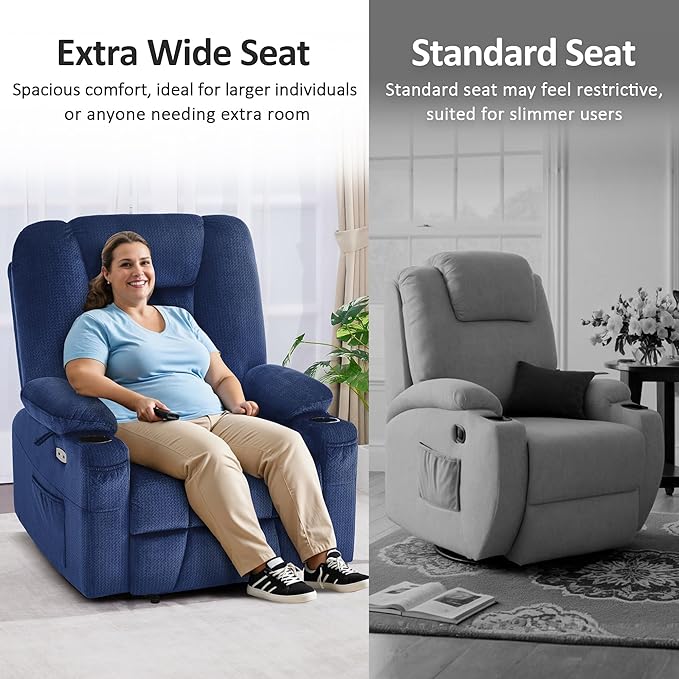 MCombo Oversized Power Lift Recliner Chair with Massage and Heat for Big and Tall Elderly People Cup Holders USB Ports Side Pockets Fabric R7541 (Navy Blue Large-Oversize)