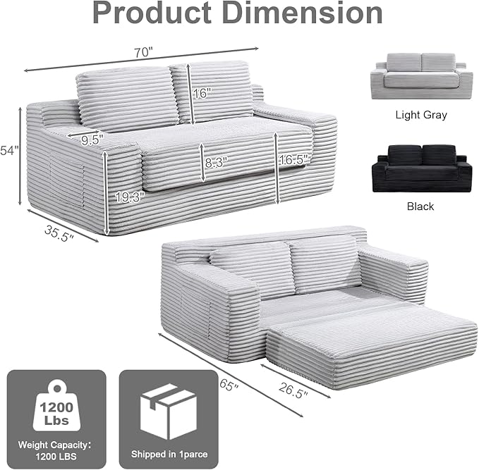 Boneless Loveseat Sofa: 70 Inch Corduroy Cloud Double Sofa 2-in-1 Convertible Cloud Sofa Bed for Living Room Apartment &amp Small Spaces (Minimalist Light Gray)