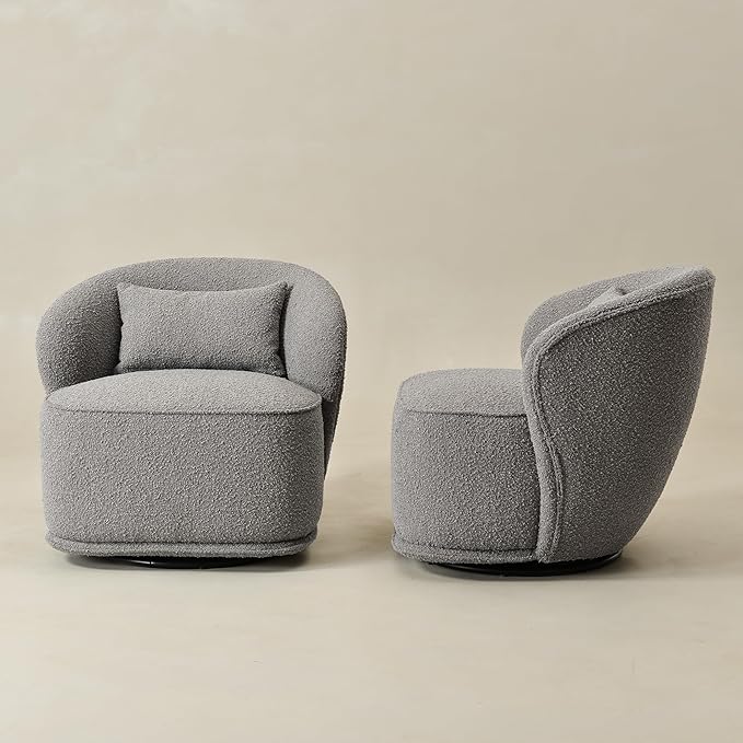 KINWELL 33 W Mid Century Modern Swivel Barrel Chair Set of 2 Upholstered Boucle Swivel Accent Chairs No Assembly Sofa Chair with Toss Pillow for Living Room Bedroom Reading Nursery (Light Gray)
