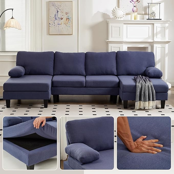 U Shaped Sectional Couches for Living Room 106.3 Modular Sofa with Double Chaises 4-Seater Sofa with Memory Foam Cushions Comfy Sectional Couches for Apartment Reception Room Blue