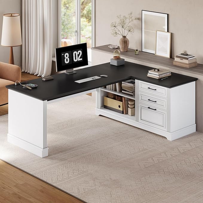 SEDETA Farmhouse 61 Executive L Shaped Desk Home Office Desk with File Drawers Computer Desk with Power Outlets and Storage Shelves for Home Office White