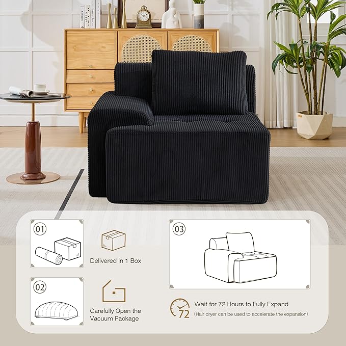 Modular Sectional Sofa Boneless Couches for Living Room Corduroy Couch Big Comfy Couch Modular Cloud Sofa with Deep Seat (Black 1 Piece-Left Armchair)