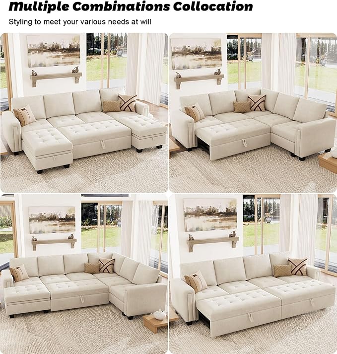 Belffin Pull Out Sofa Bed Module Part for Modular Sectional Sleeper Sofa Armless Loveseat with Pull Out Bed for Sectional Couch Beige