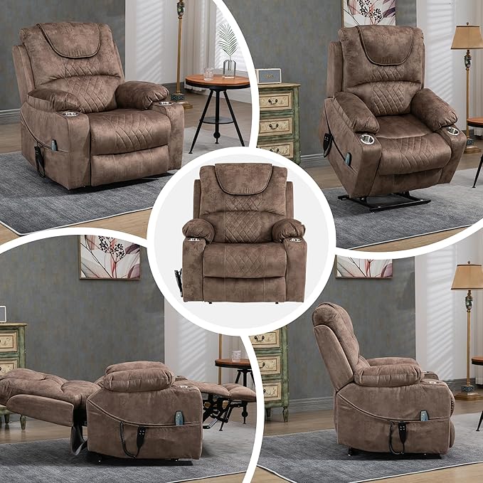 Large Power Lift Recliner Chair with Massage and Heat for Elderly Big and Tall People Dual Motor 180° Lay Flat Overstuffed Wide Velvet Recliners with 2 Cup Holders Side Pocket