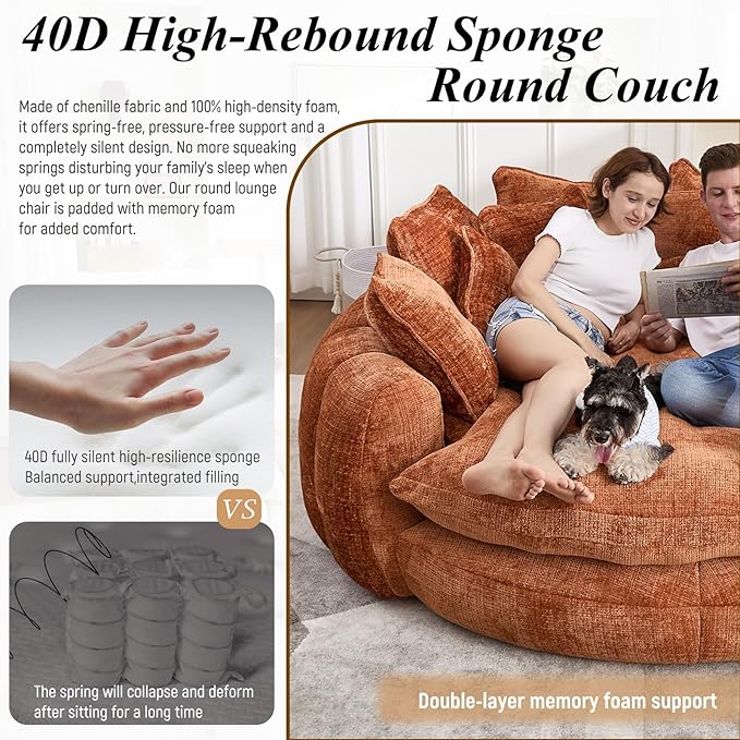 81'' Cloud Couches for Living Room Comfy Circle Round Couch Bed with 14 Pillows Upholstered Boneless Couch Oversized Chaise Lounge Chair Indoor Extra Wide Round Daybed Floor Sofa (Orange)