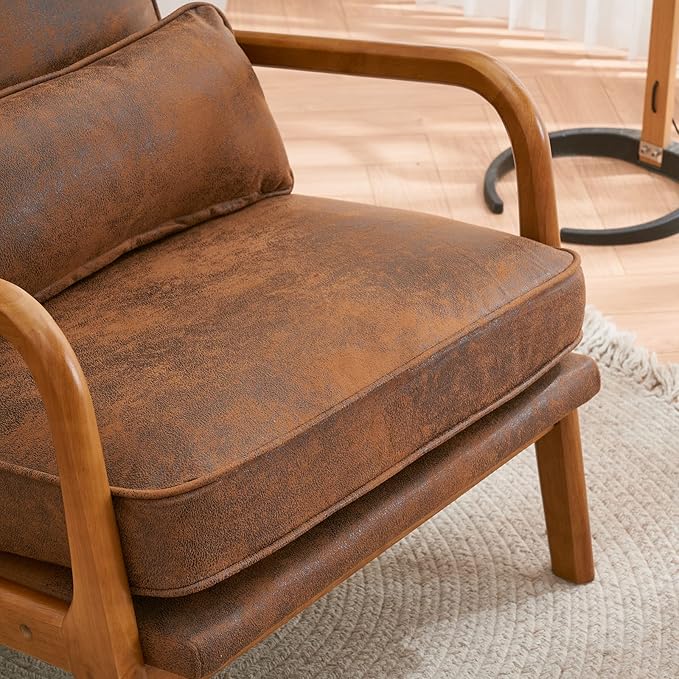 Mid-Century Modern Accent Chair with Throw Pillow Upholstered Fabric Armchair Oak Wood Frame Reading Chair for Living RoomBedroomReadingBalcony (Brown)