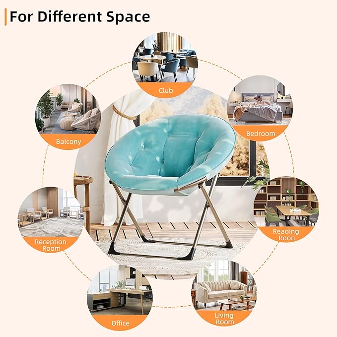 Comfy Oversized Saucer Chair Soft Furry Padded Accent Lazy Sofa Chair for Adults X-Large Metal Frame Folding Lounger for Bedroom Living Room Home Office Blue+Gold