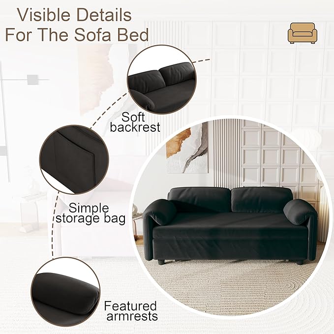 KEIKI 3 in 1 Full Velvet Convertible Pull Out Sofa Bed Adjustable Backrest &amp Side Pockets Modern Sleeper Recliner Couch for Living Room Black