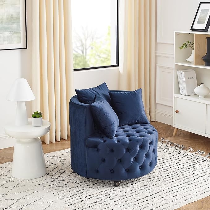 360° Swivel Barrel Chair 30W Modern Velvet Upholstered Round Accent Chair with Button Tufted Design &amp 4 Movable Wheels Comfy Small Armchair for Living Room Bedroom Nursery Sillas Para Sala Blue