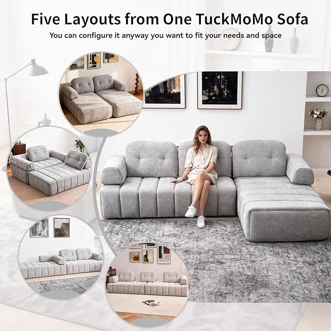 Modular Sectional Sofa with Chaise 104.33 L-Shape Boneless Couch with Pillows and Side Pockets 3-Seater Sectional Couches for Living Room Bedroom Chenille Fabric Grey