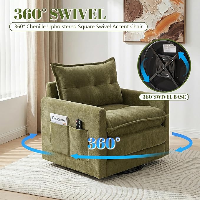 Square Swivel Chairs Set of 2Plush Chenille Upholstered Accent Club Chair with Arms360°Rotation Armchair for ReadingModern Single Cloud Sofa Chair for Living Room (2 Olive Green)