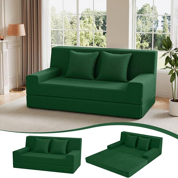 MeMoreCool Corduroy Loveseat Sleeper Sofa – Green Boneless Fold-Out Couch Bed with Foam Core Convertible Floor Futon with Pillow &amp Washable Cover for Small Spaces Bedroom Guest Room