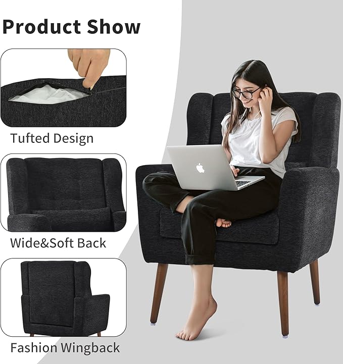 Modern Accent Chair Upholstered Arm Chair with Waist Pillow Single Sofa Chair for Living Room Bedroom Small Spaces (Black)