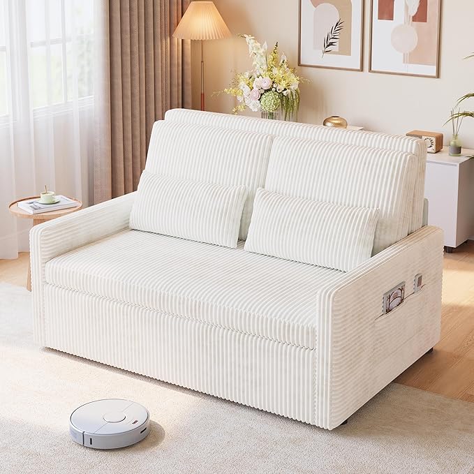 Ahomly Convertible Loveseat Sleeper Sofa Bed 3 in 1 Pull Out Couch Bed with 77.2'' Sleeper Length Corduroy Sofa with 8.7'' Ground Clearance for Living Room Bedroom Beige