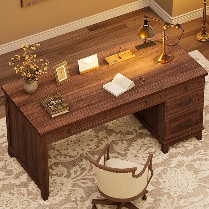 GarveeHome Executive Desk with Drawers Farmhouse Home Office Desk with Charging Station 53.54 in Wooden Computer Desk with File Cabinet Storage for Work Study WritingWalunt Brown