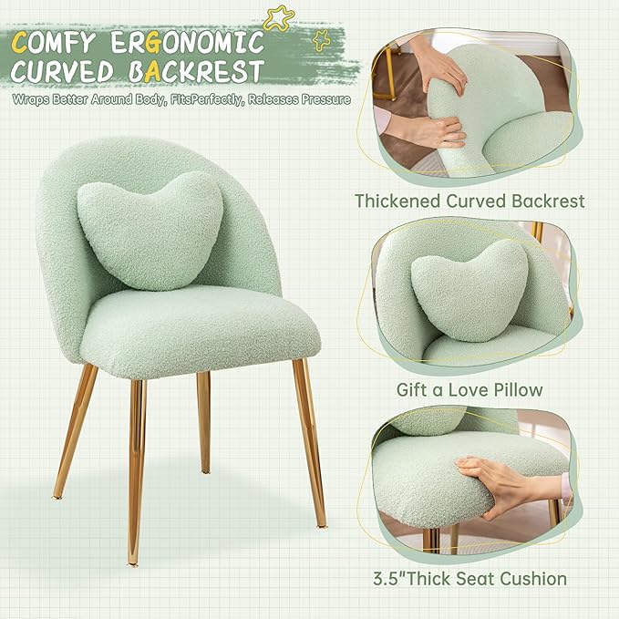 Vanity ChairAccent Makeup Comfy Cute Desk Girls Fluffy Chairs for Bedroom No Wheels Gold Metal Legs Stool (Teddy Green)