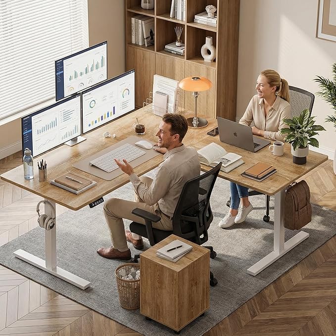 Grandder 63 x 55 Inch L Shaped Standing Desk Electric Height Adjustable Corner Stand Up Desk Sit Stand Corner Table Home Office Table Oak Top White Frame