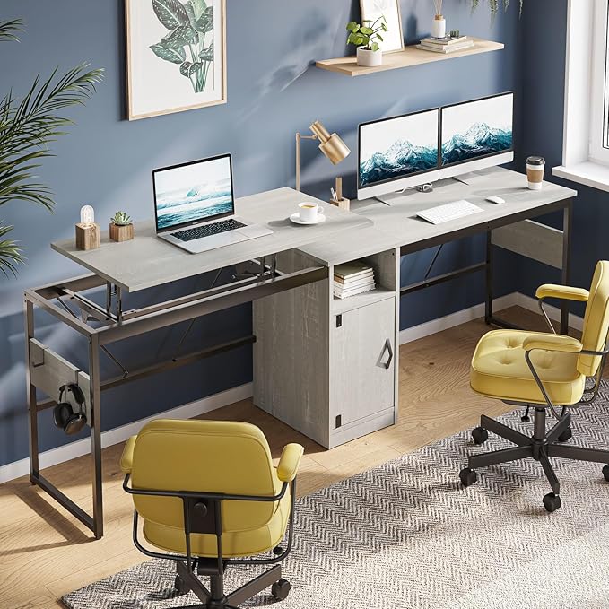 Bestier Versatile 60 Inch L-Shaped Standing Desk Lift Top Corner Desk Extending to 95 Inches with Storage Cabinet and Hooks for Home Office Washed White