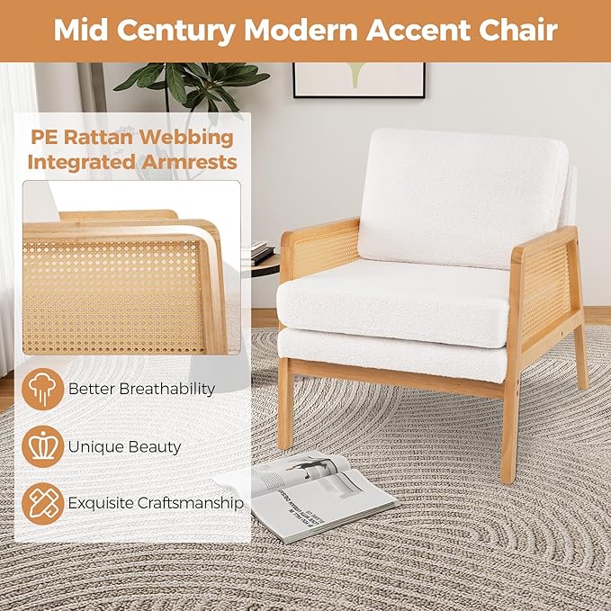 Giantex Mid Century Modern Accent Chair Boho Boucle Living Room Arm Chair w/Rattan Arms Wooden Frame Thick Cushion Pillow Sherpa Reading Side Chair for Bedroom Balcony Natural+Beige
