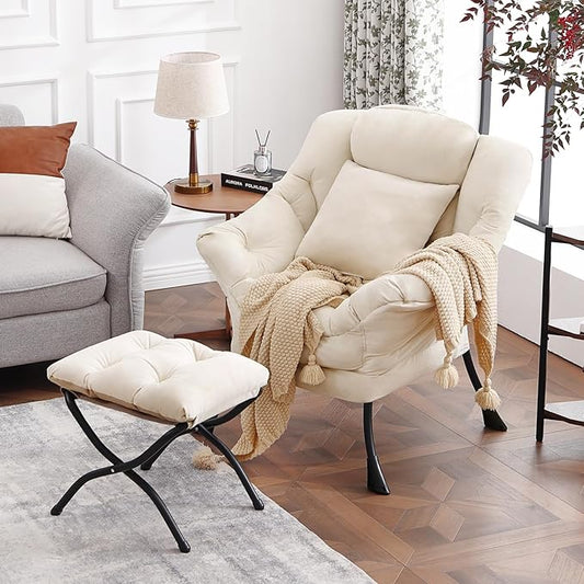 Lvory Lazy Chair with Ottoman Large Velvet Accent Chair with a Throw Pillow Comfy Leisure Sofa Chair for Living Room Bedroom Dorm Room Office Apartment Reading Relaxing Use
