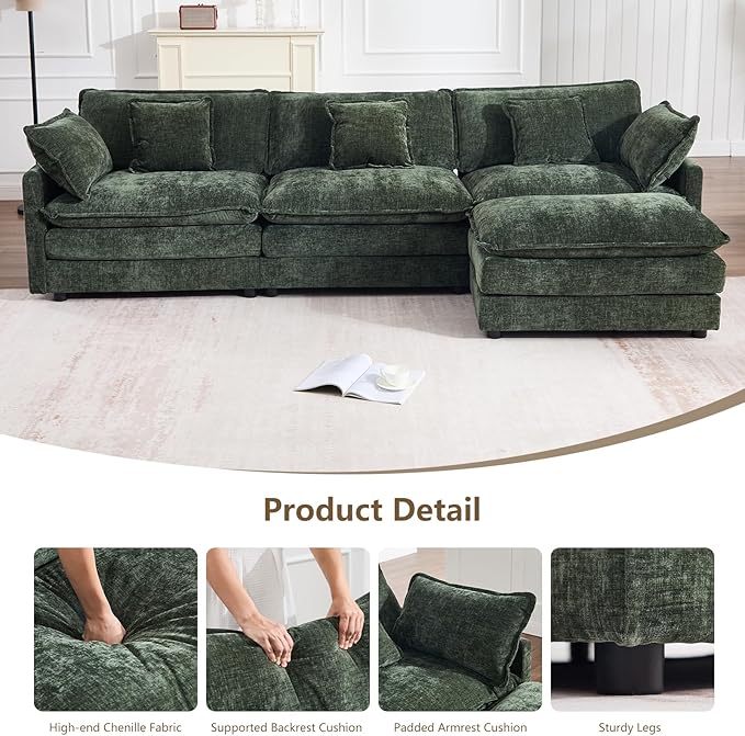 Modular Sectional Sofa Deep Seat Chenille L Shaped Couch with Throw Pillows &amp Movable Ottoman 3 Seater Comfy Cloud Sectional Couches for Living Room Bedroom Apartment Green