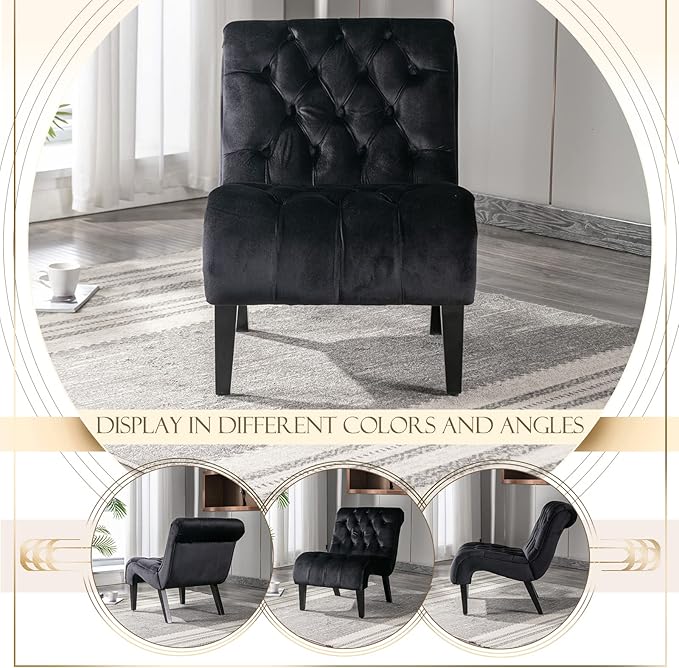 KINFFICT Velvet Accent Lounge Chair for Living Room Modern Leisure Chair with Tufted Backrest Indoor Armless Side Chair Upholstered Bedroom Sleeper Chairs with Solid Wood Legs