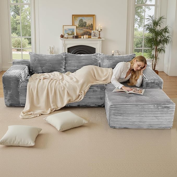 Modular Sectional Sofa Boneless Cloud Couch with Chaise Lounge 4-in-1 Flexible Combination Faux Rabbit Fur &amp Layered Cushion Deep Seat No Assembly (Light Grey Right Facing Chaise)
