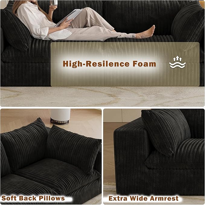 78.8 Corduroy Cloud Loveseat Sofa with Ottoman L Shaped Modular Sectional Couch with Removable Cushion No Assembly Required Deep Seat Boneless Couches for Living Room (Black &amp 1 Ottoman)