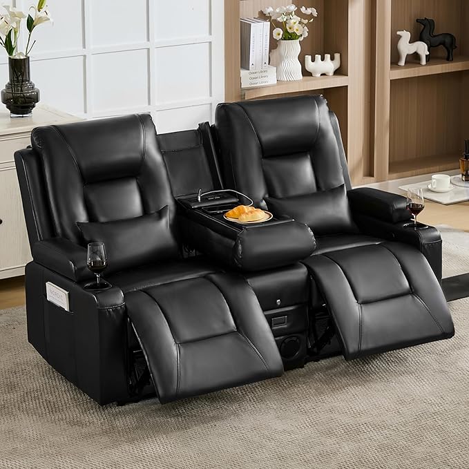 URRED Manual Reclining Loveseat Sofa with Console Double Recliner RV Couch with Bluetooth Speakers USB &amp Power Outlet Cup Holders Pillow and Side Pocket for Home Theater Faux Leather Black