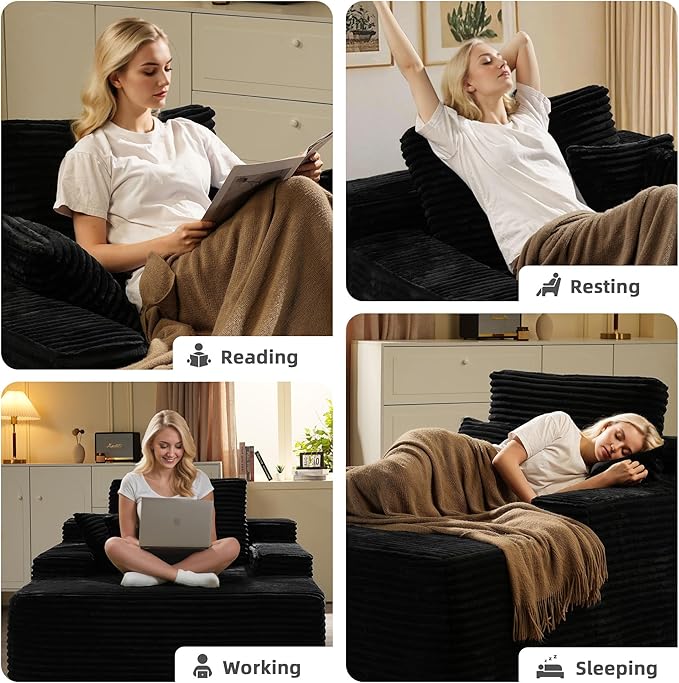 67x48 Oversized Chaise Lounge Chair Indoor Upholstered Sofa Bed with Plush Faux Fur Sleeper Couch Reading Chair Fluffy Cloud Sofa for Living Room Plush Black