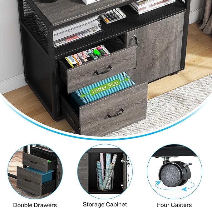 Tribesigns Modern File Cabinet with Drawers for Letter-Sized File and Door Lockable lateral Filing Cabinet Printer Stand with Storage Shelves and with Rolling Caster for Home Office (Gray)