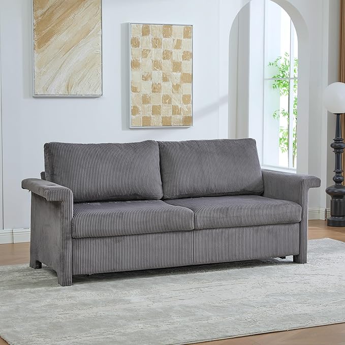 Full Size Sleeper Sofa Bed Pull Out Couch with Queen Size Memory Foam Mattress 2-in-1 Convertible Corduroy Loveseat Sleeper for Small Apartment USB Charging (Gray)