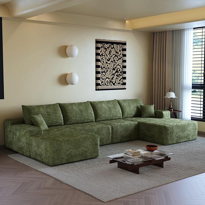 135.4 U Shaped Sectional Corduroy Boneless Couch with 1 Ottoman Modern Modular Couches for Living Room Apartments Upholstered Cloud Sofa with Deep Seat No Assembly Required (Green)