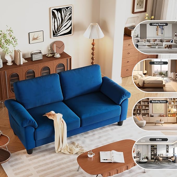 70 Living Room Couch Sofa Velvet Deep Couches for Small Spaces Mid Century Modern Loveseat with Storage Bag Bedroom Apartment Office Removable Sofa Cover Spring Cushions Fast Assembly Blue