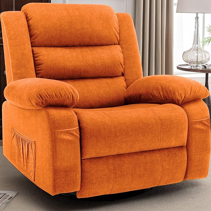 Recliner Chair Wide Rocker Chair Rocking Chair with Massage and Heat360°Swivel Nursery Rocking Chairs Oversized Recliner for Adults Cashmere Reclining Sofa for Living Room Orange