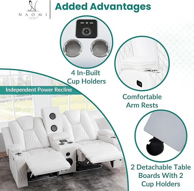 Chicago Home Theater Loveseat Recliner with Bluetooth Speakers LED Lights Wireless Charging Storage Console &amp Cup Holders - White