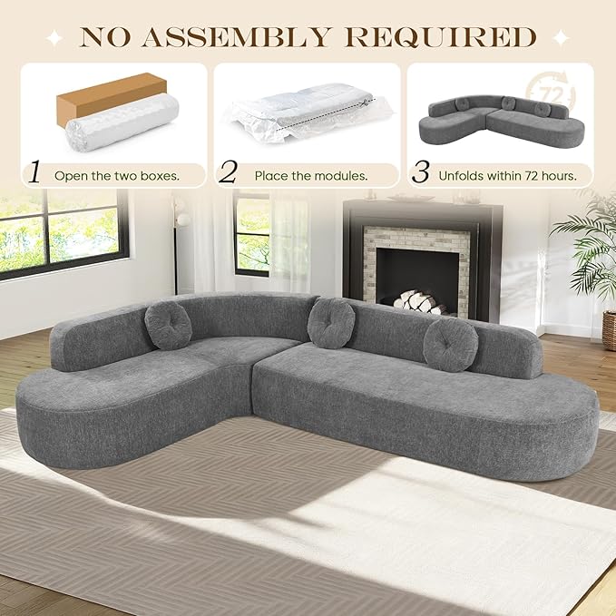 Curved Modular Sectional Sofa - 122 Extra Large 5-Seater with High Resilience Foam &amp Soft Chenille Upholstery 2-Piece Floor Couch with Round Cushions No Assembly Gray Living Room Furniture Sets