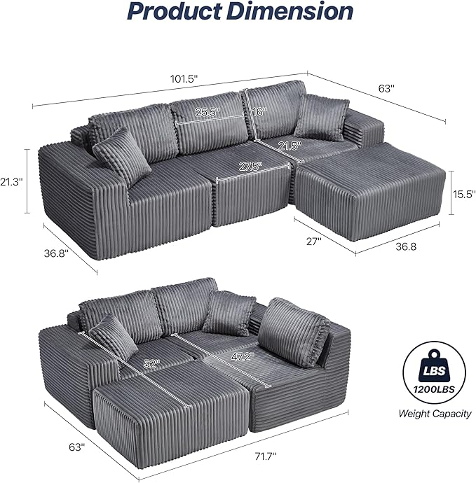 101.5'' Modular Sectional Sofa Cloud Sectional Couch with Deep Seat Comfy Fluffy L Shaped Couches Memory Foam Sofa with 1 Ottoman Corduroy Boneless Couch No Assembly Required Dark Gray